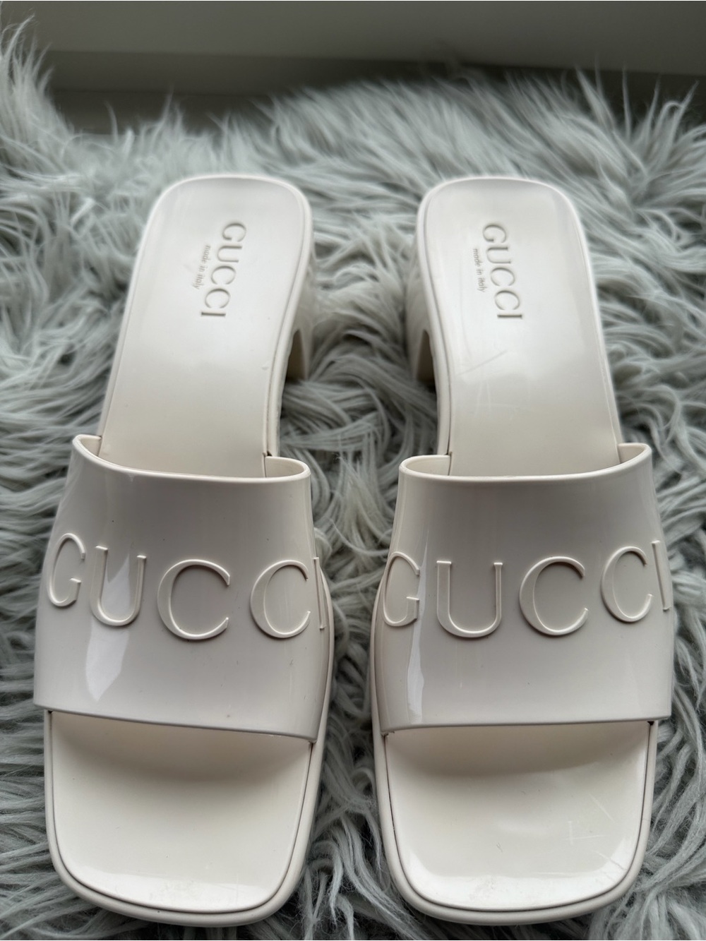 Gucci White Embossed Logo Slide Mules for Women